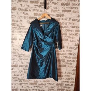 Terri Jon Rickie Freeman 100%‎ Silk Dress Size 8 Teal Blue Classy Elegant Chic